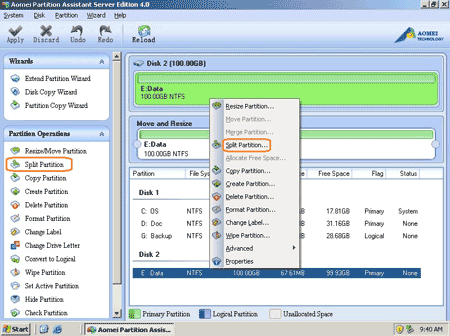 Select partition to split